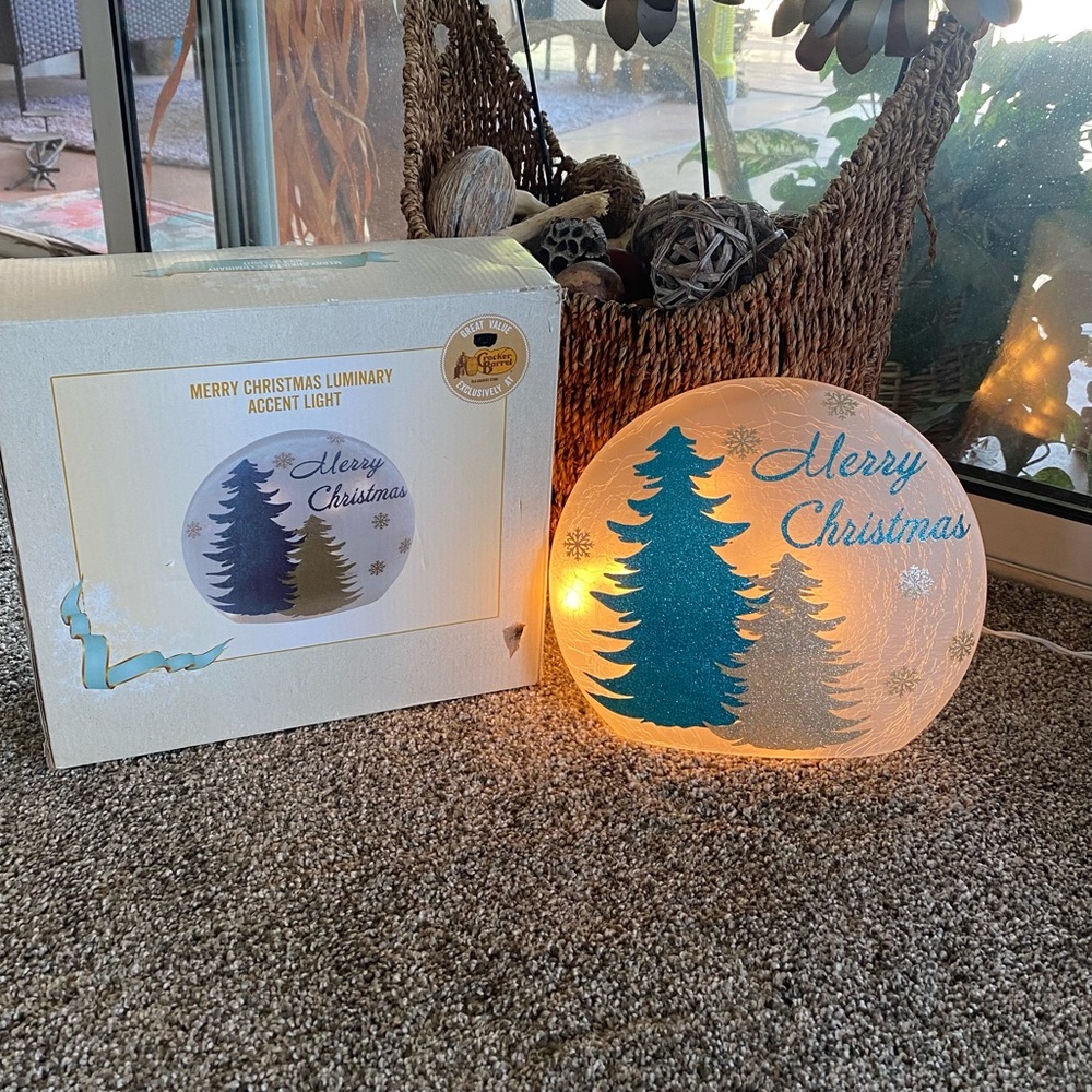 Vtg Cracker Barrel Merry Christmas Crackle Glass Luminary Light (Blue&silver)